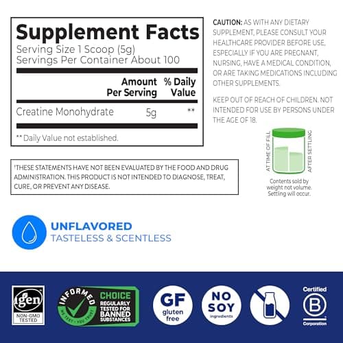Orgain Creatine Monohydrate Micronized Powder, 100 Servings, Unflavored, Supports Muscle Growth, Post Workout Recovery and Brain Health, No Artificial Additives, for Men & Women (Packaging May Vary)
