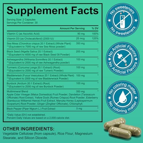 Sea Moss Black Seed Oil Ashwagandha Ginger, Sea Moss Capsule Supplement with Turmeric Burdock Root Bladderwrack Vitamin C Vitamin D3 Enhanced Immunity & Energy Black Seed Oil Capsule 60 Count