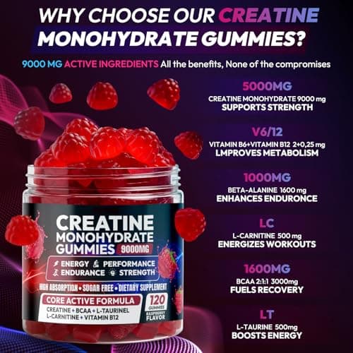 Cytona Creatine Gummies Monohydrate Complex 9000MG, Pre-Workout for Men & Women, Creatine Gummy with L-Taurine, BCAA 2:1, B12/6 for Muscle Support, Enhance Strength, Energy Boost-120 Count