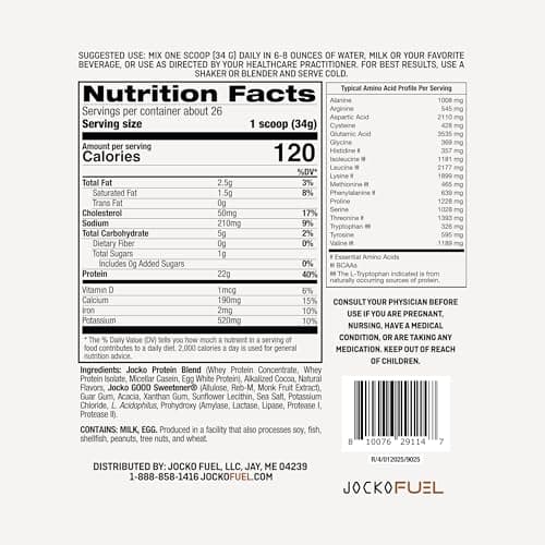 Jocko Fuel Whey Protein Powder, Chocolate Milkshake, 22g Protein, Digestive Enzymes + Probiotic Blend, No Sugar Added, with Essential Amino Acids + Electrolyte Minerals, 26 Servings
