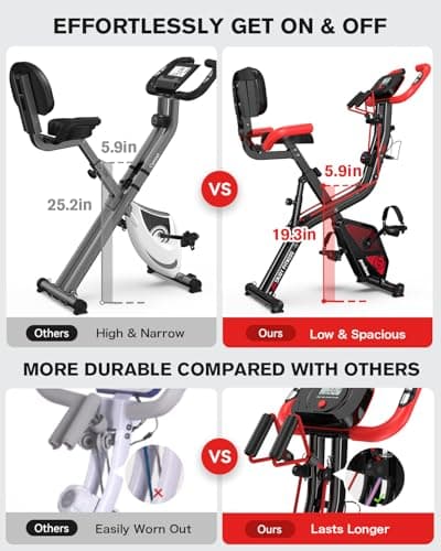 pooboo Folding Exercise Bike, Fitness Stationary Bike Machine, Upright Indoor Cycling Bike, 4-in-1 Magnetic X-Bike with 8-Level Adjustable Resistance, Bottle Holder, Arm Resistance Bands, Pulse Sensor & Back Support Cushion for Home Gym Workout (red)
