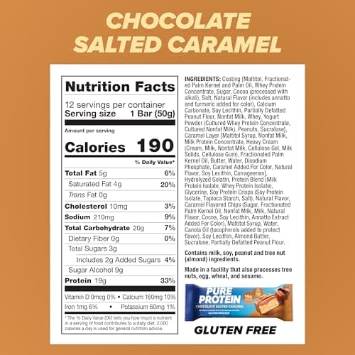 Pure Protein Chocolate Salted Caramel Protein Bars – 20g Protein, 3g Sugar, 190 Calories (12 count) Low Sugar* High Protein Snack - Gluten Free - Perfect for a Healthy Snack