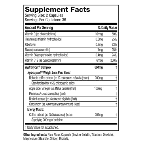 Hydroxycut Original - Thermogenic Supplement - Metabolism & Energy Support - Caffeine 200 mg, C. Canephora Robusta, Apple Cider Vinegar, Vitamins B & D - for Men & Women - 72 Rapid-Release Capsules