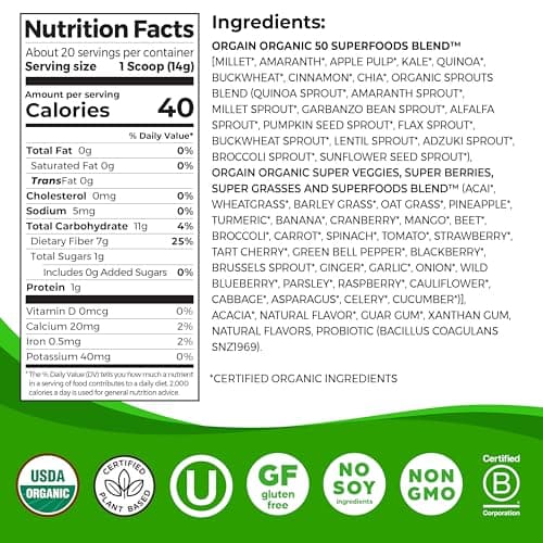 Orgain Organic Greens Powder + 50 Superfoods, Original - 1 Billion Probiotics for Digestive Health, Antioxidants, Vegan, Plant-Based, Gluten-Free, Non-GMO, Green Juice & Smoothie Drink Mix - 0.62lb